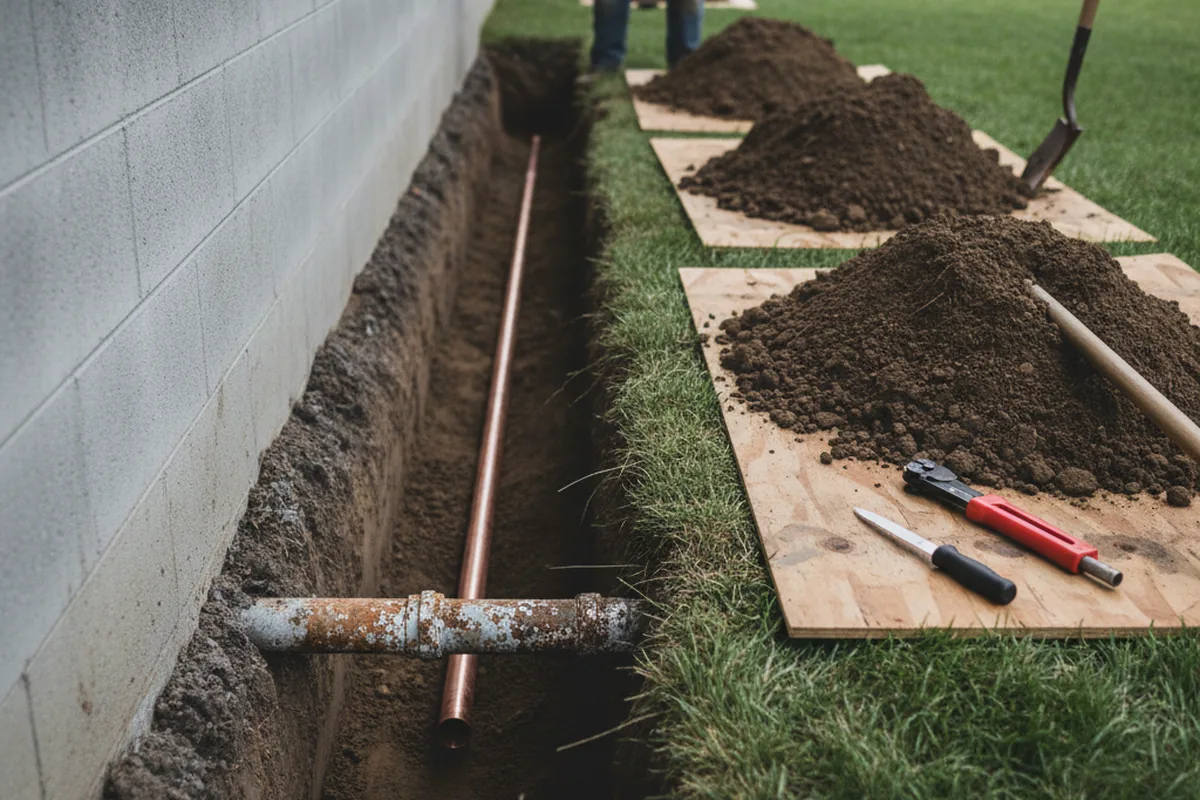 Excavated water line trench during Water Softener Installation in Isom
